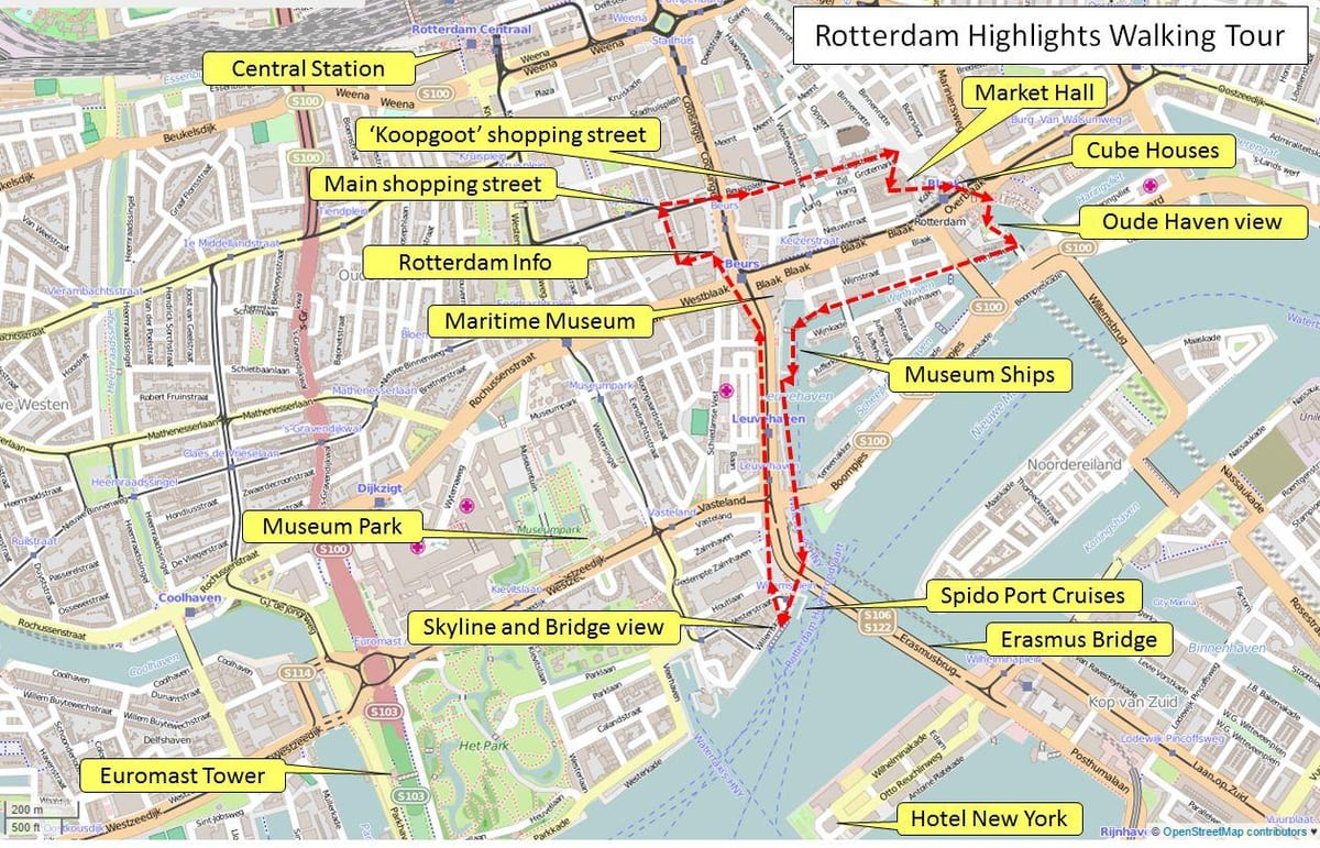 Peta dari Rotterdam walking tour 